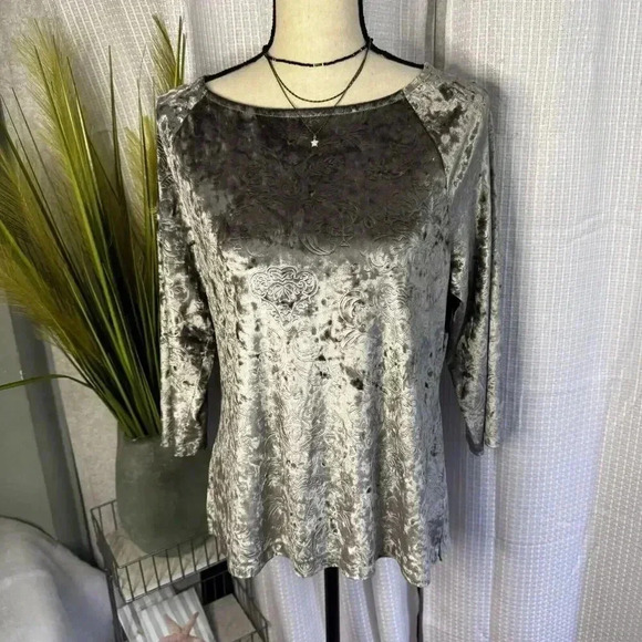 Chicos Women’s 1 US M Silver Crushed Velvet Velour Dressy 3/4 Sleeve Tunic Top - Picture 1 of 9